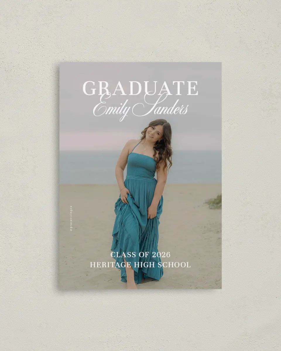 This is a 4" x 5.6" Graduation Announcement Postcard called Scholarly Elegance printed in full color with Silver foil on Soft Touch Finish paper