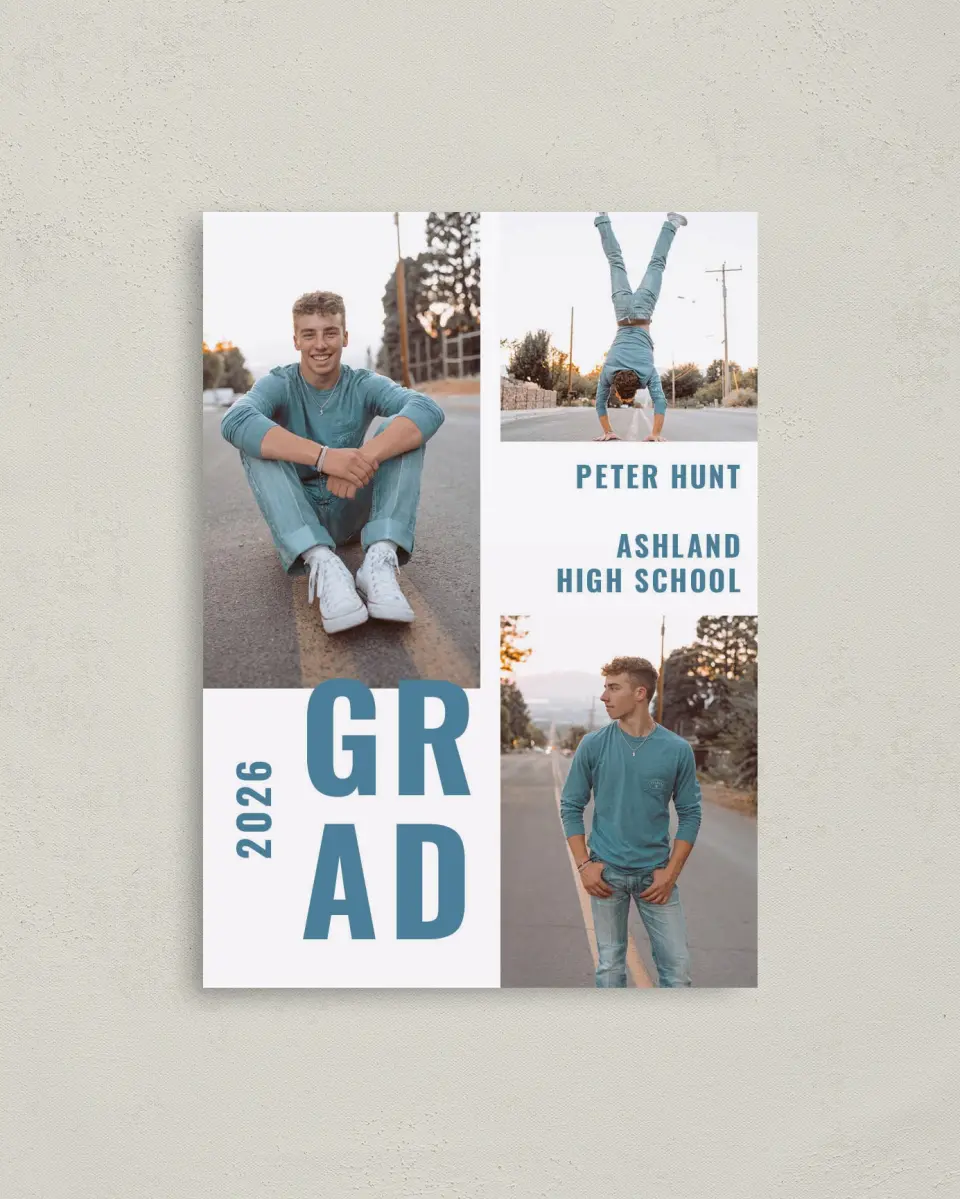 This is a 4" x 5.6" Graduation Announcement Postcard called Modern Milestone printed in full color on Soft Touch Finish paper