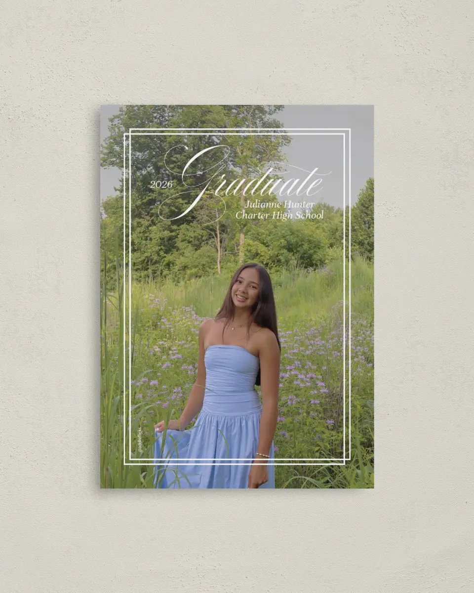 This is a 4" x 5.6" Graduation Announcement Postcard called Elegant Grad printed in full color with Gold foil on Soft Touch Finish paper