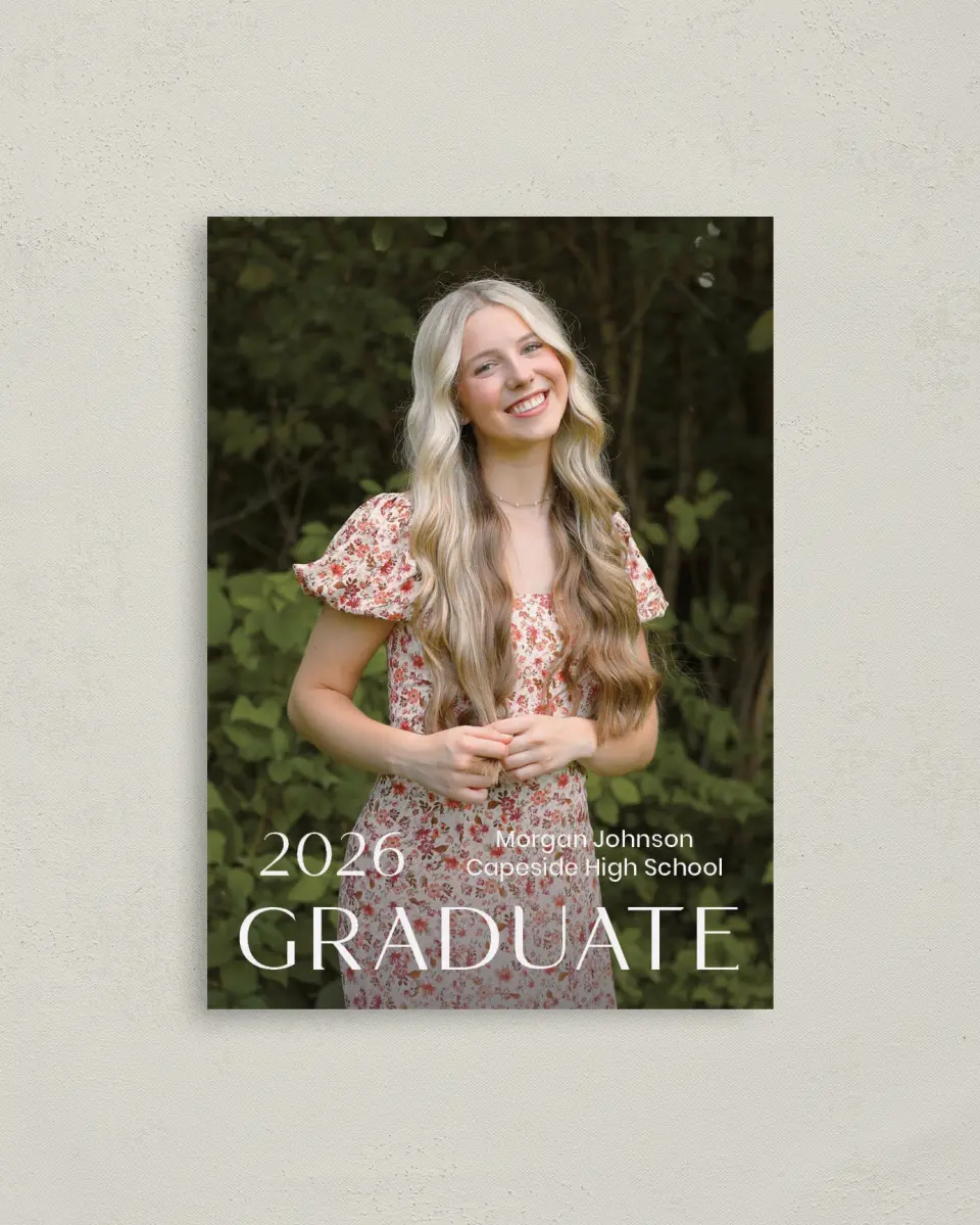 This is a 4" x 5.6" Graduation Announcement Postcard called Spotlight Grad printed in full color with Gold foil on Soft Touch Finish paper