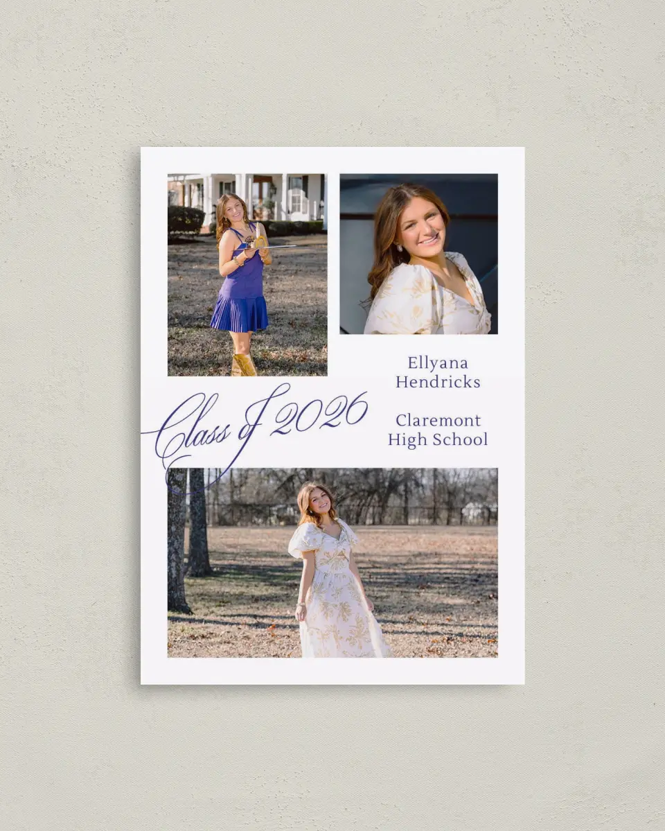 This is a 4" x 5.6" Graduation Announcement Postcard called Elegantly Graduated printed in full color on Soft Touch Finish paper