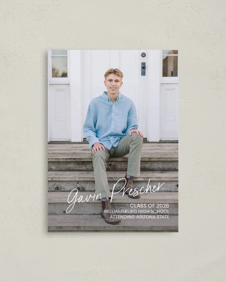 This is a 4" x 5.6" Graduation Announcement Postcard called Simple Grad printed in full color with Gold foil on Soft Touch Finish paper