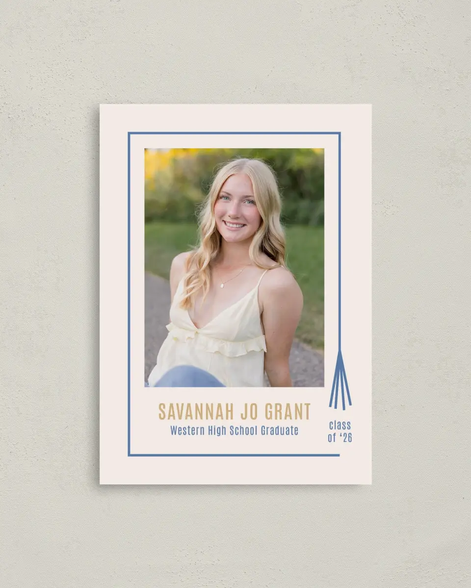 This is a 4" x 5.6" Graduation Announcement Postcard called Turning Tassels printed in full color with Gold foil on Soft Touch Finish paper