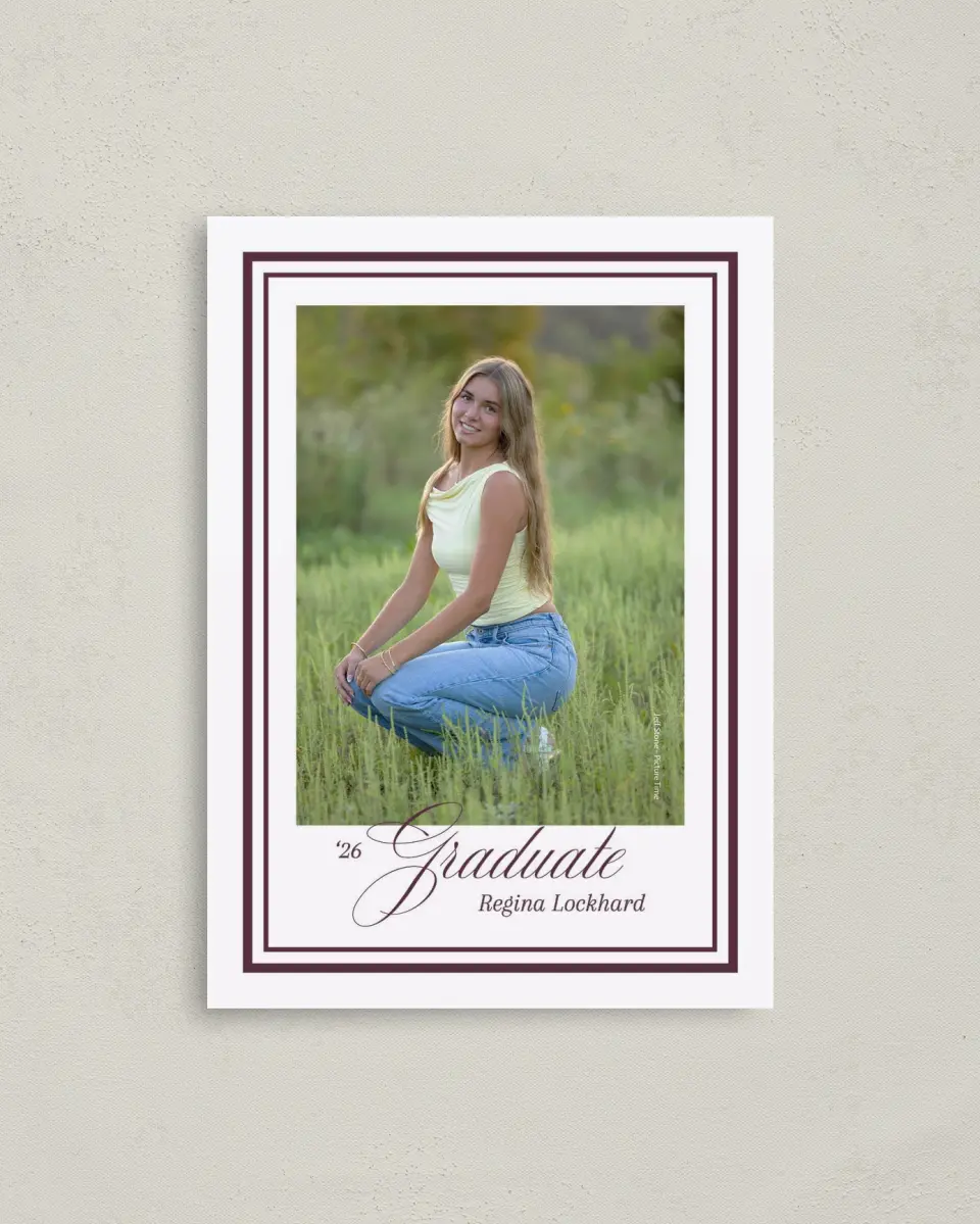 This is a 4" x 5.6" Graduation Announcement Postcard called Timeless Frame printed in full color with Silver foil on Soft Touch Finish paper