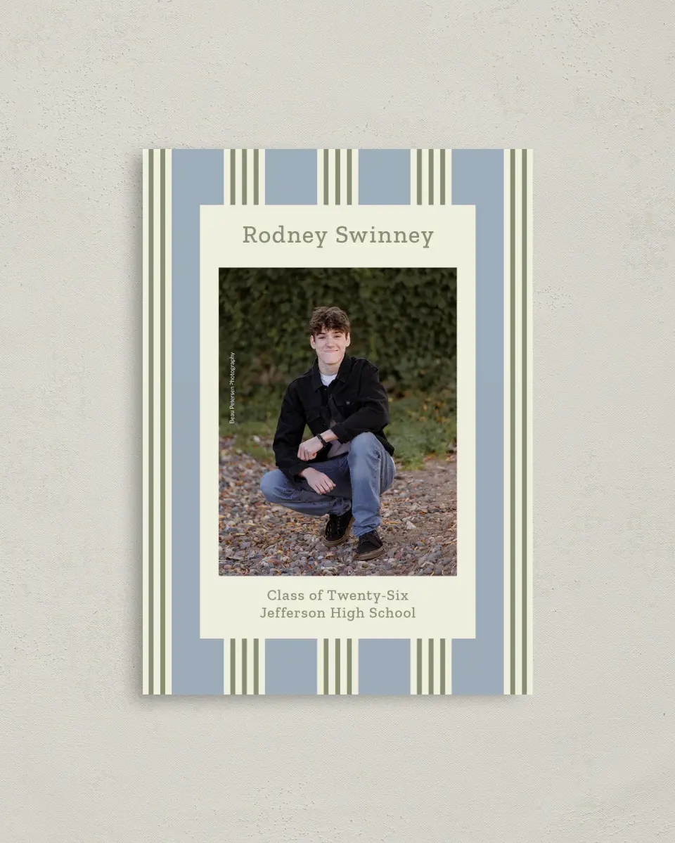 This is a 4" x 5.6" Graduation Announcement Postcard called Framed in Excellence printed in full color with Gold foil on Soft Touch Finish paper