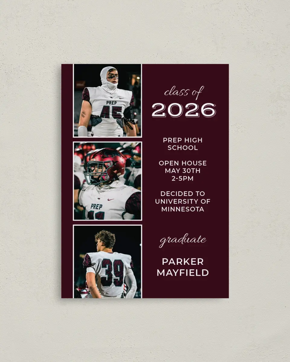 This is a 4" x 5.6" Graduation Announcement Postcard called All Star Graduate printed in full color with Gold foil on Soft Touch Finish paper