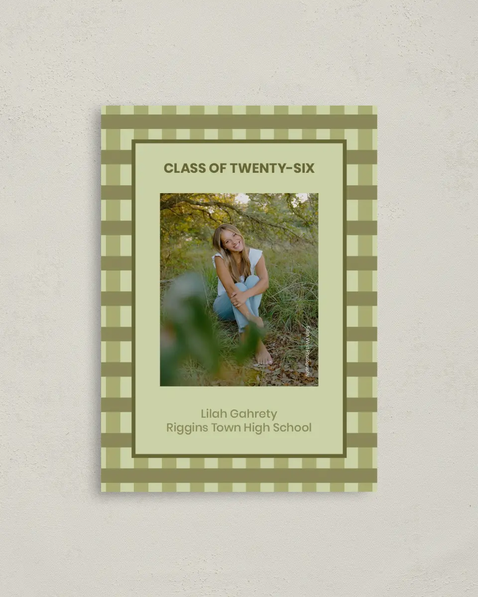 This is a 4" x 5.6" Graduation Announcement Postcard called Ivy Bound printed in full color with Gold foil on Soft Touch Finish paper