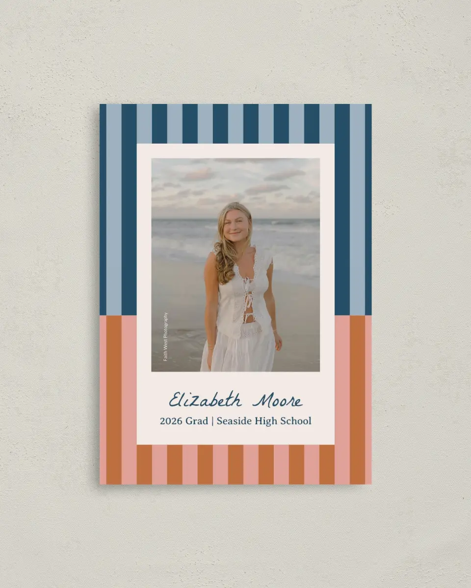 This is a 4" x 5.6" Graduation Announcement Postcard called Scholarly Stripes printed in full color with Gold foil on Soft Touch Finish paper