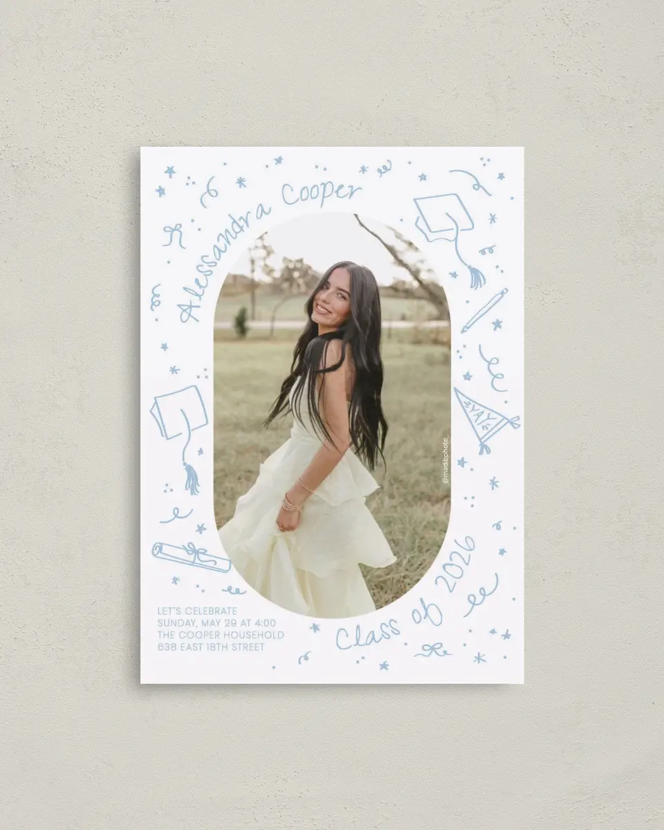 This is a 4" x 5.6" Graduation Announcement Postcard called Doodles in the Margin printed in full color on Soft Touch Finish paper