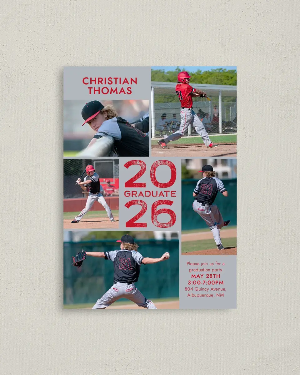 This is a 4" x 5.6" Graduation Announcement Postcard called Big Hitter printed in full color on Soft Touch Finish paper