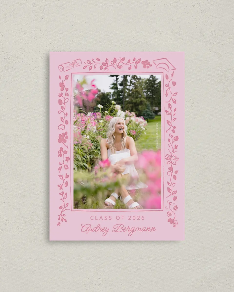This is a 4" x 5.6" Graduation Announcement Postcard called Happily in Bloom printed in full color with Gold foil on Soft Touch Finish paper