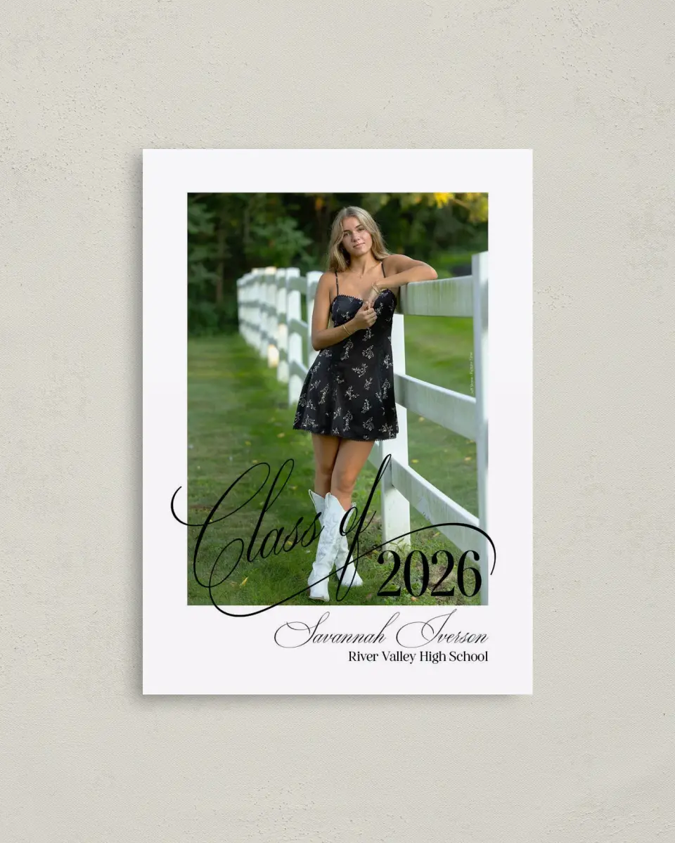 This is a 4" x 5.6" Graduation Announcement Postcard called Smart & Classy printed in full color on Soft Touch Finish paper