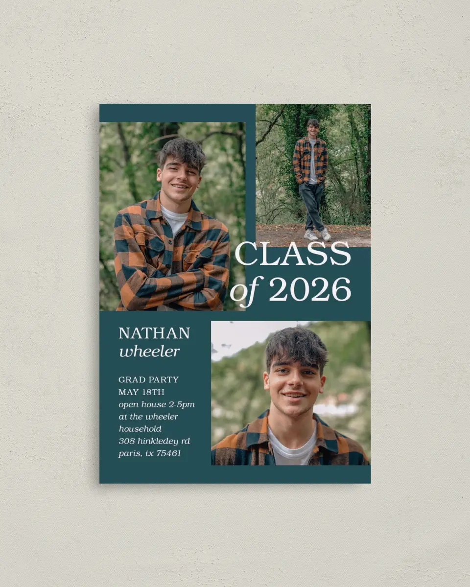 This is a 4" x 5.6" Graduation Announcement Postcard called Sky's the Limit printed in full color on Soft Touch Finish paper