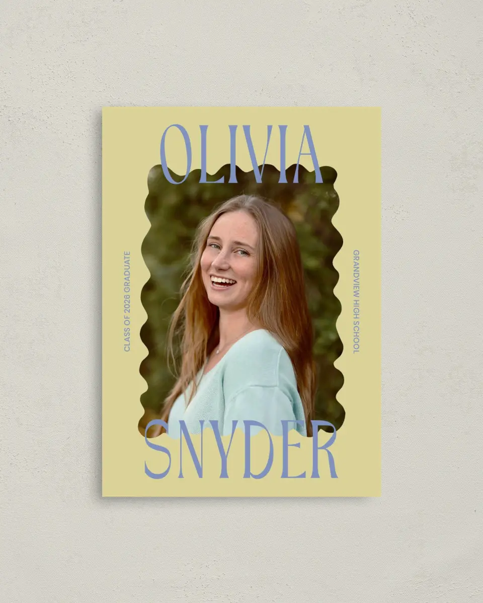 This is a 4" x 5.6" Graduation Announcement Postcard called Funky Colorful Cute printed in full color with Gold foil on Soft Touch Finish paper