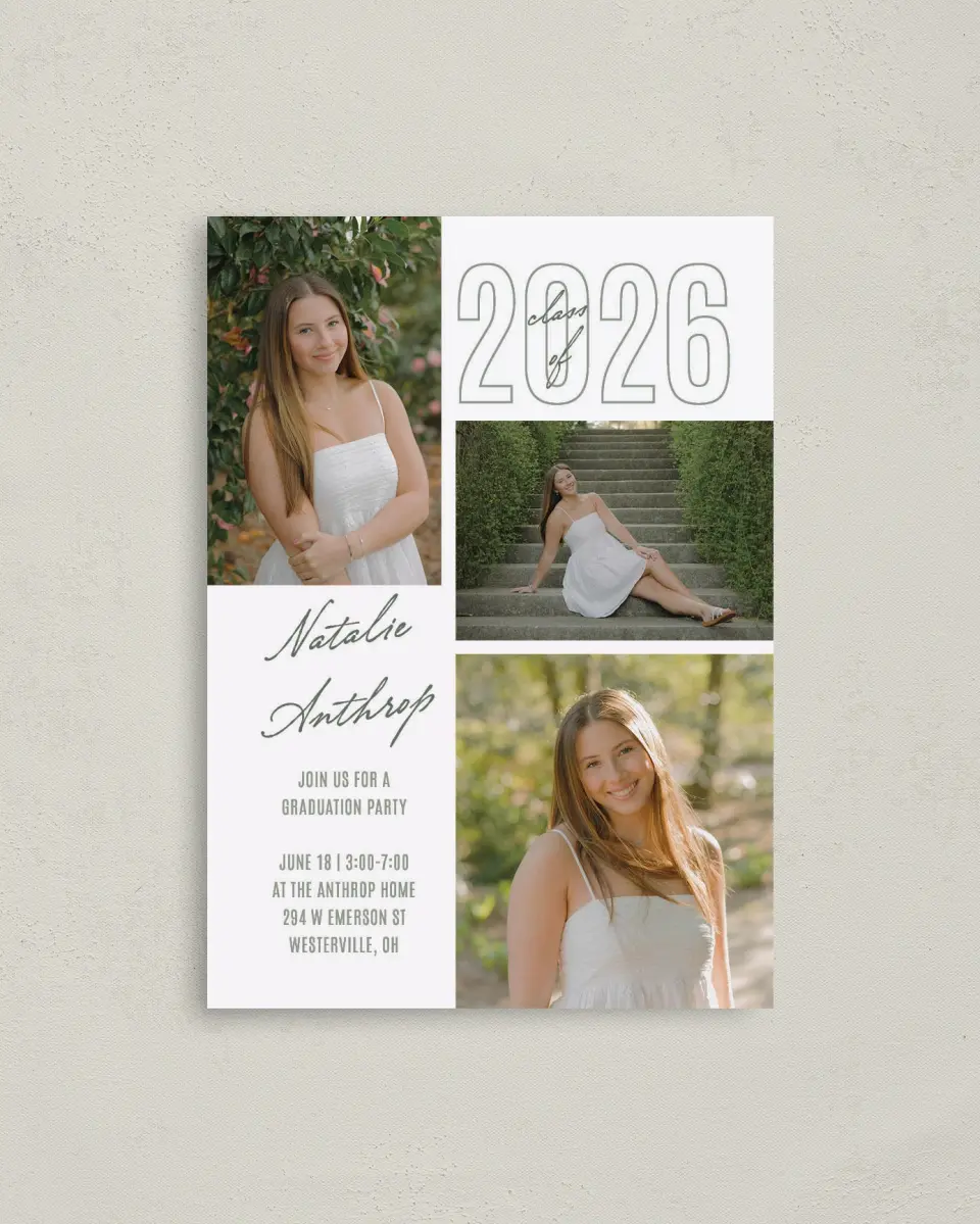 This is a 4" x 5.6" Graduation Announcement Postcard called Shining Brilliance printed in full color with Gold foil on Soft Touch Finish paper