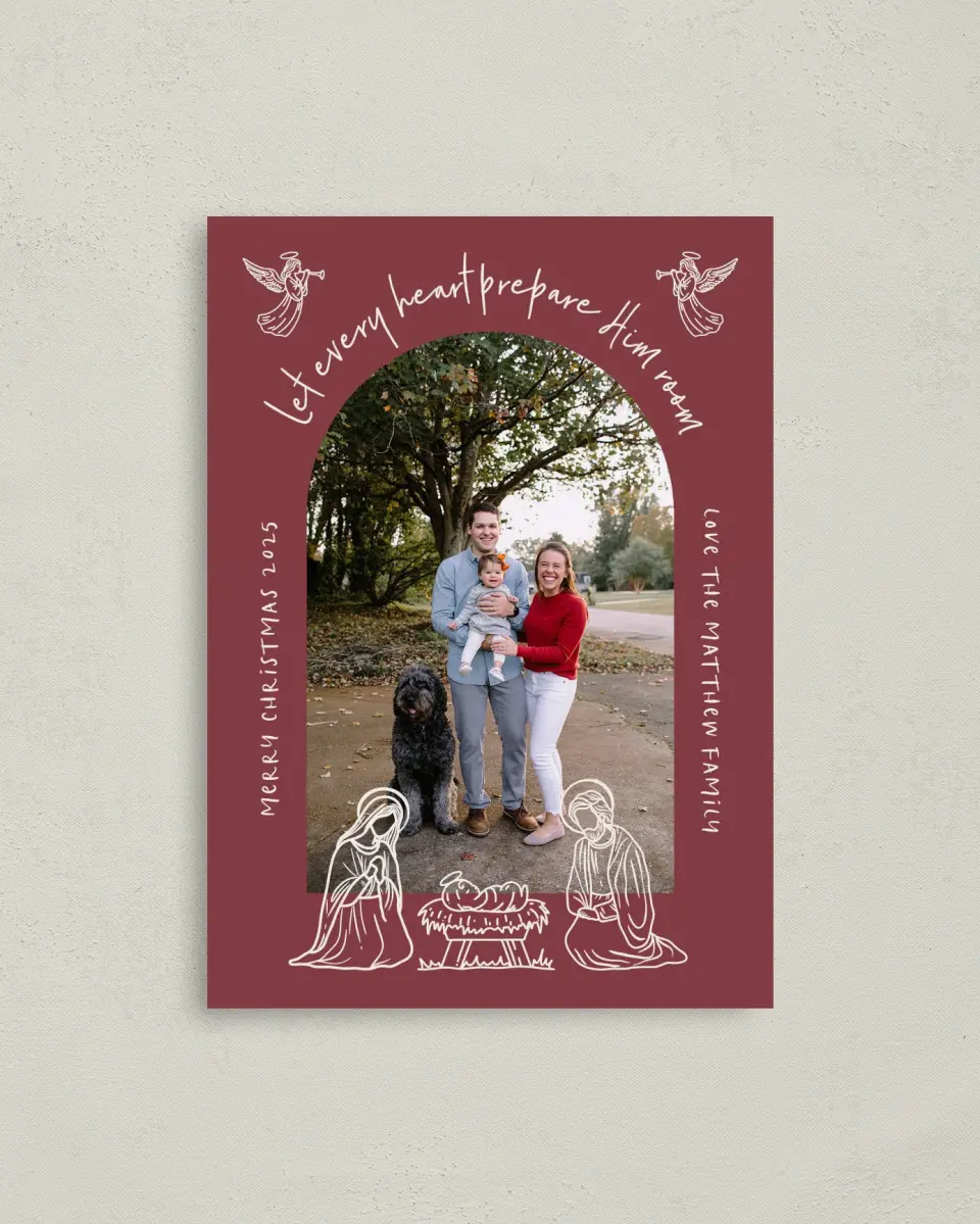 This is a 4" x 5.6" Christmas Card called Let Every Heart printed in full color with Silver foil on Soft Suede (coated) paper