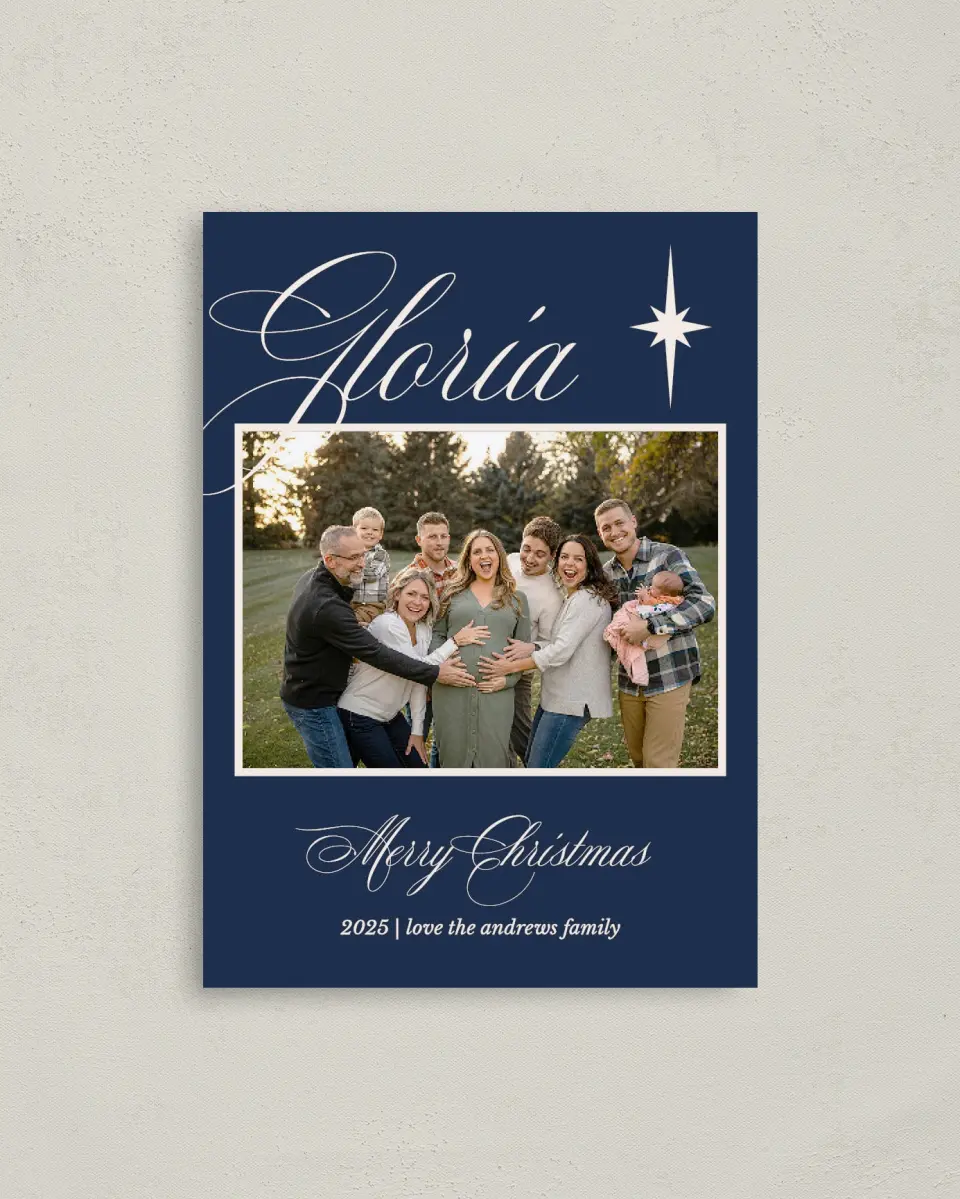 This is a 4" x 5.6" Christmas Card called In Excelsis Deo printed in full color with Rose Gold foil on Soft Suede (coated) paper