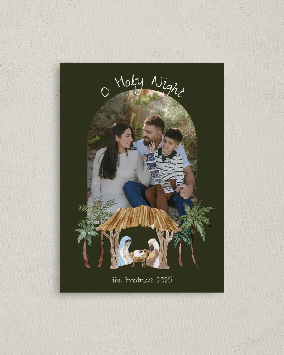 This is a 4" x 5.6" Christmas Card called O Holy Night printed in full color with Rose Gold foil on Soft Suede (coated) paper