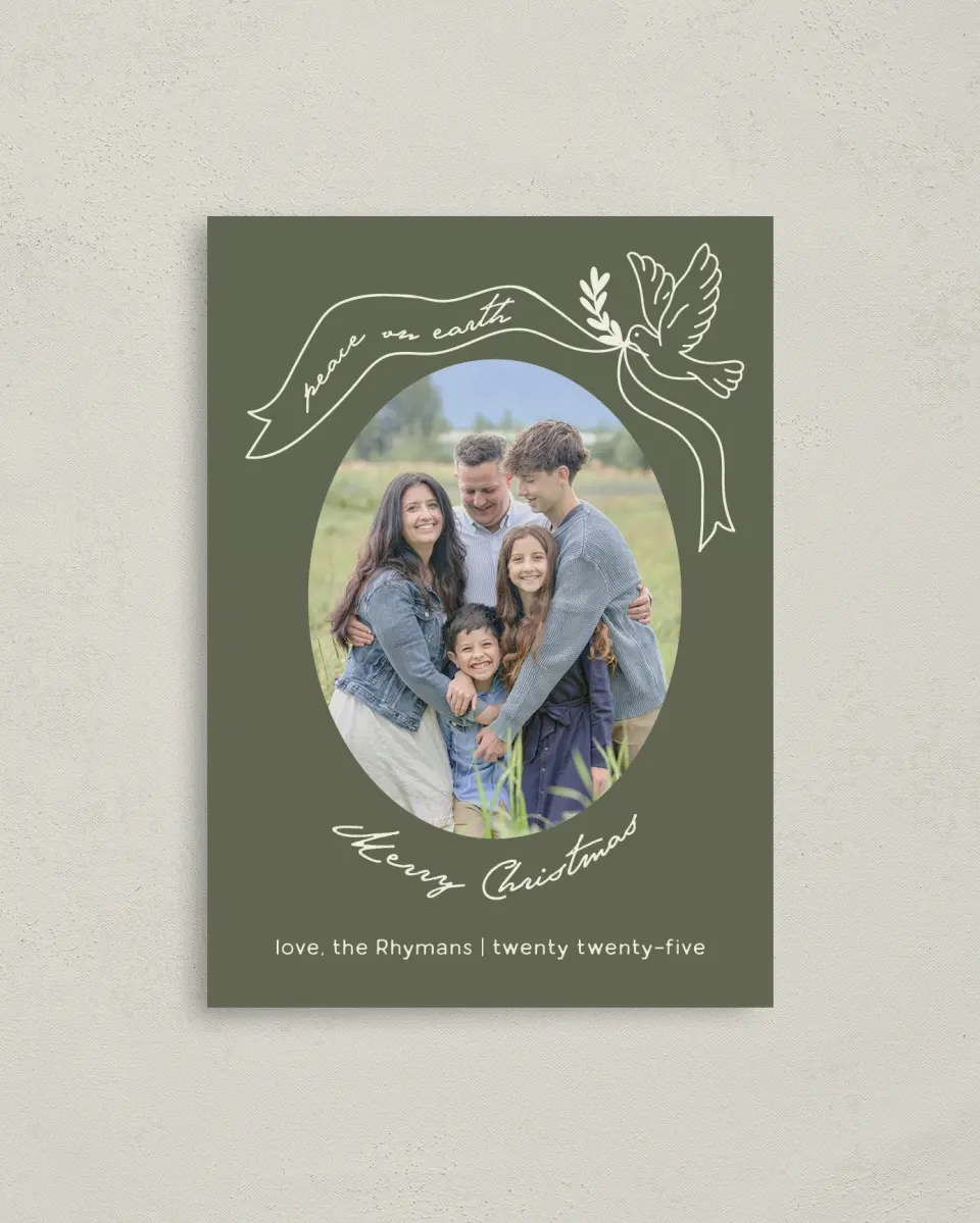 This is a 4" x 5.6" Christmas Card called Peace Be Still printed in full color with Gold foil on Soft Suede (coated) paper