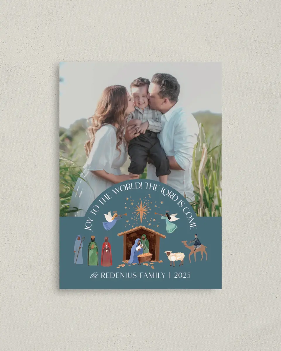 This is a 4" x 5.6" Christmas Card called Reason for the Season printed in full color with Gold foil on Soft Suede (coated) paper