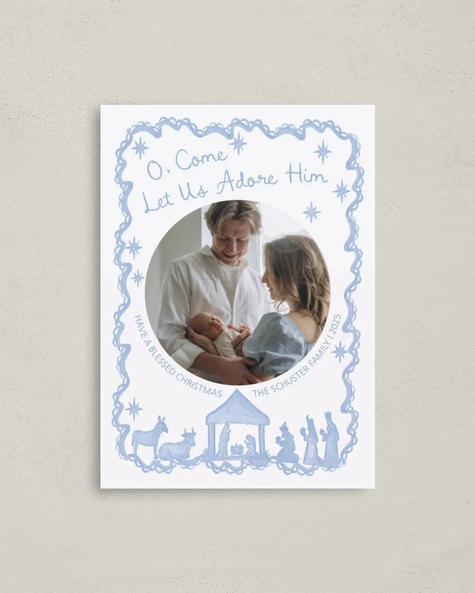 This is a 4" x 5.6" Christmas Card called Let Us Adore Him printed in full color with Silver foil on Soft Suede (coated) paper
