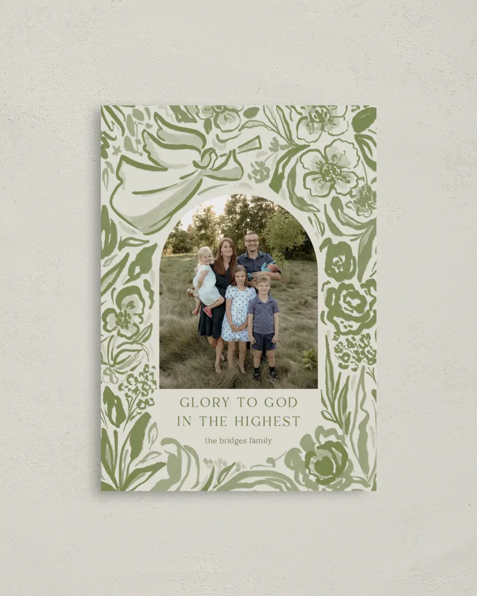 This is a 4" x 5.6" Christmas Card called Angelic Blossoms printed in full color with Rose Gold foil on Soft Suede (coated) paper