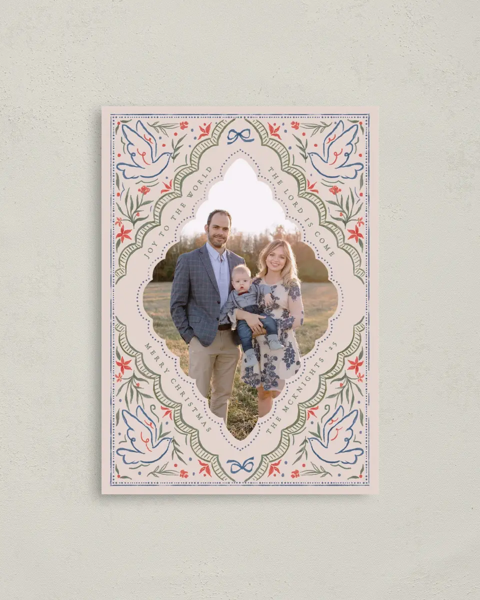 This is a 4" x 5.6" Christmas Card called Faithful Joy printed in full color with Silver foil on Soft Suede (coated) paper