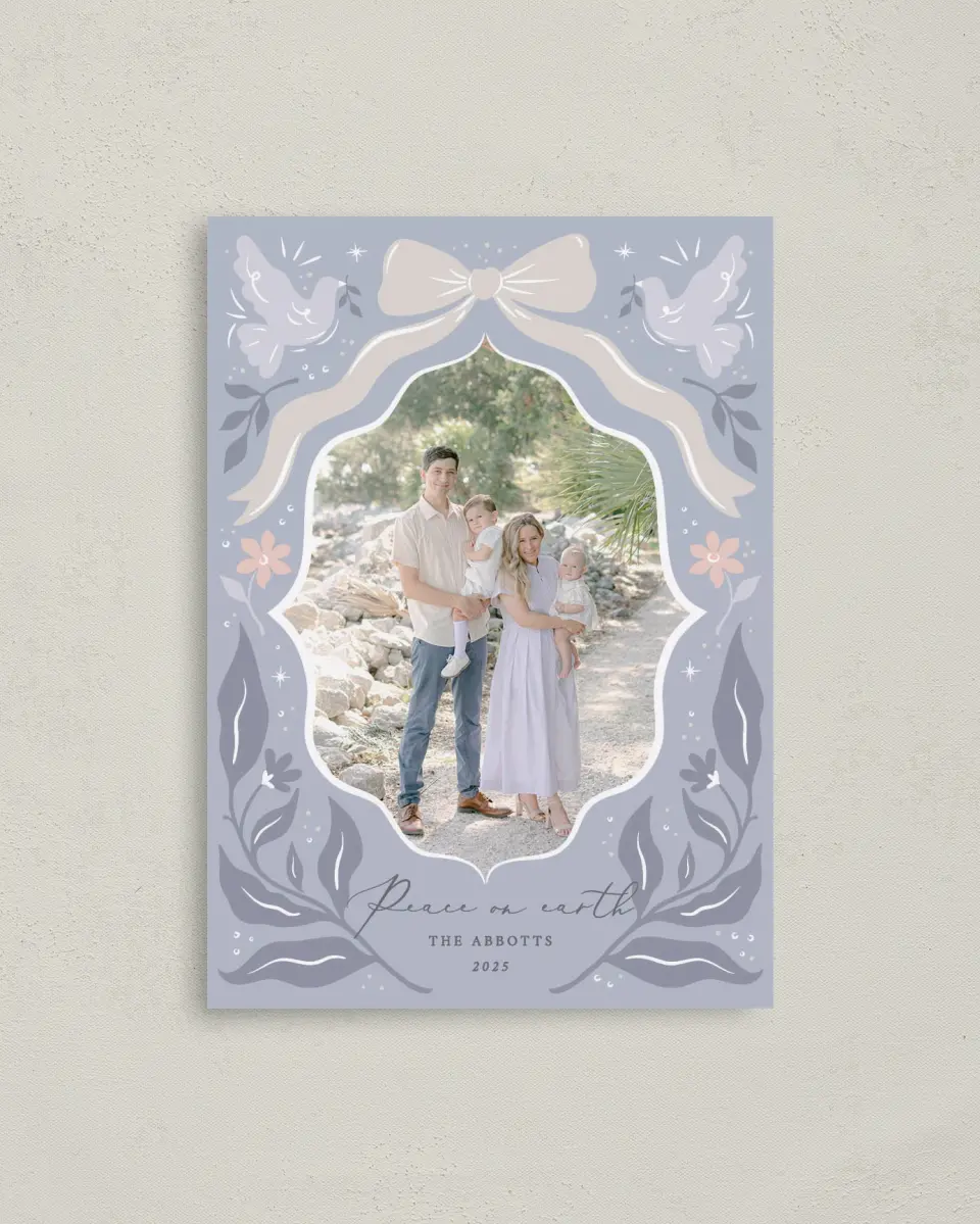 This is a 4" x 5.6" Christmas Card called Heavenly Peace printed in full color with Rose Gold foil on Soft Suede (coated) paper