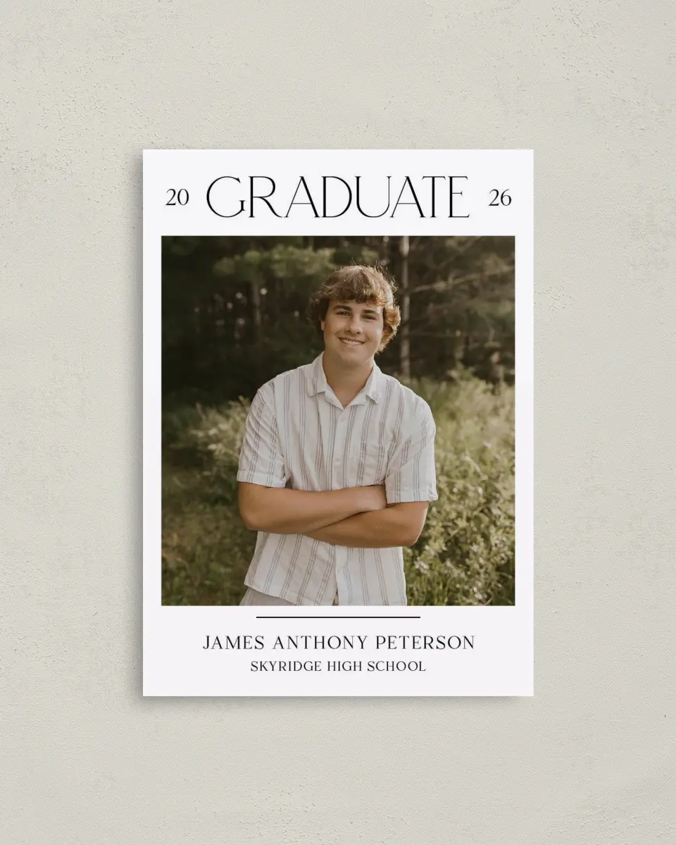 This is a 4" x 5.6" Graduation Announcement Postcard called Most Classic printed in full color with Gold foil on Soft Touch Finish paper