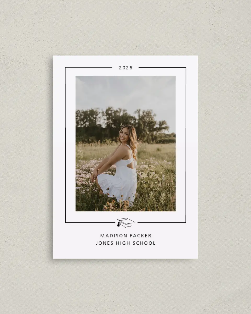 This is a 4" x 5.6" Graduation Announcement Postcard called Modern Grad printed in full color with Gold foil on Soft Touch Finish paper