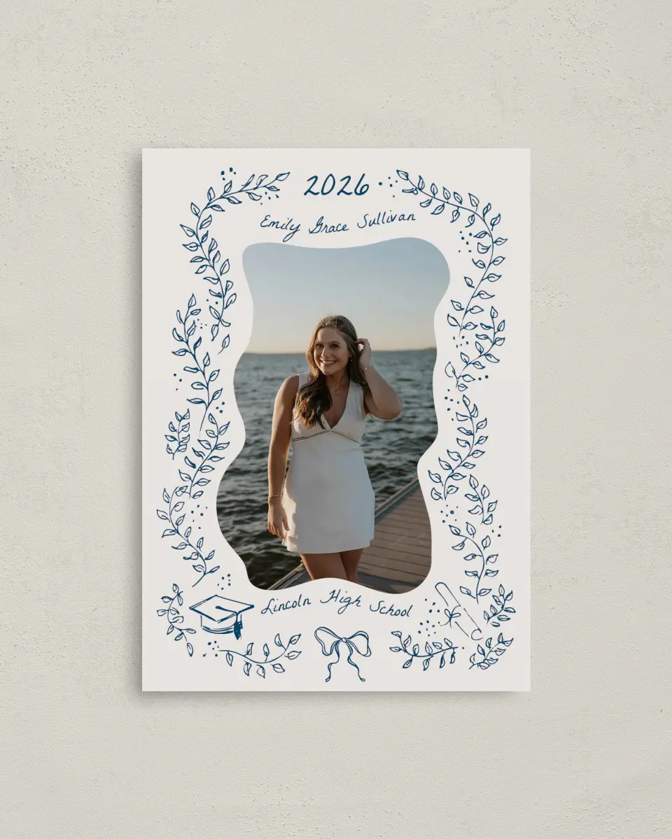This is a 4" x 5.6" Graduation Announcement Postcard called Whimsical Grad printed in full color with Silver foil on Soft Touch Finish paper