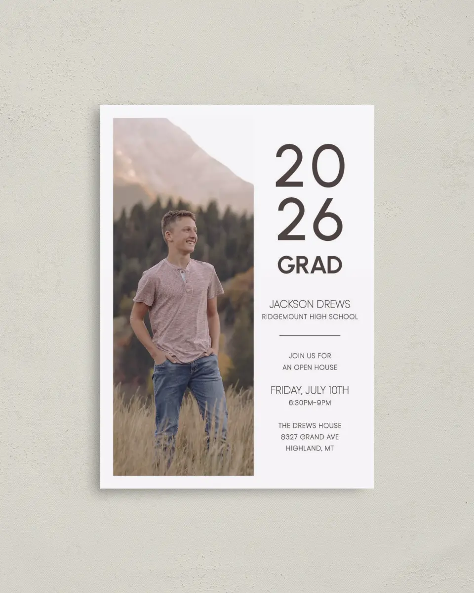 This is a 4" x 5.6" Graduation Announcement Postcard called Simple Graduate printed in full color with Gold foil on Soft Touch Finish paper