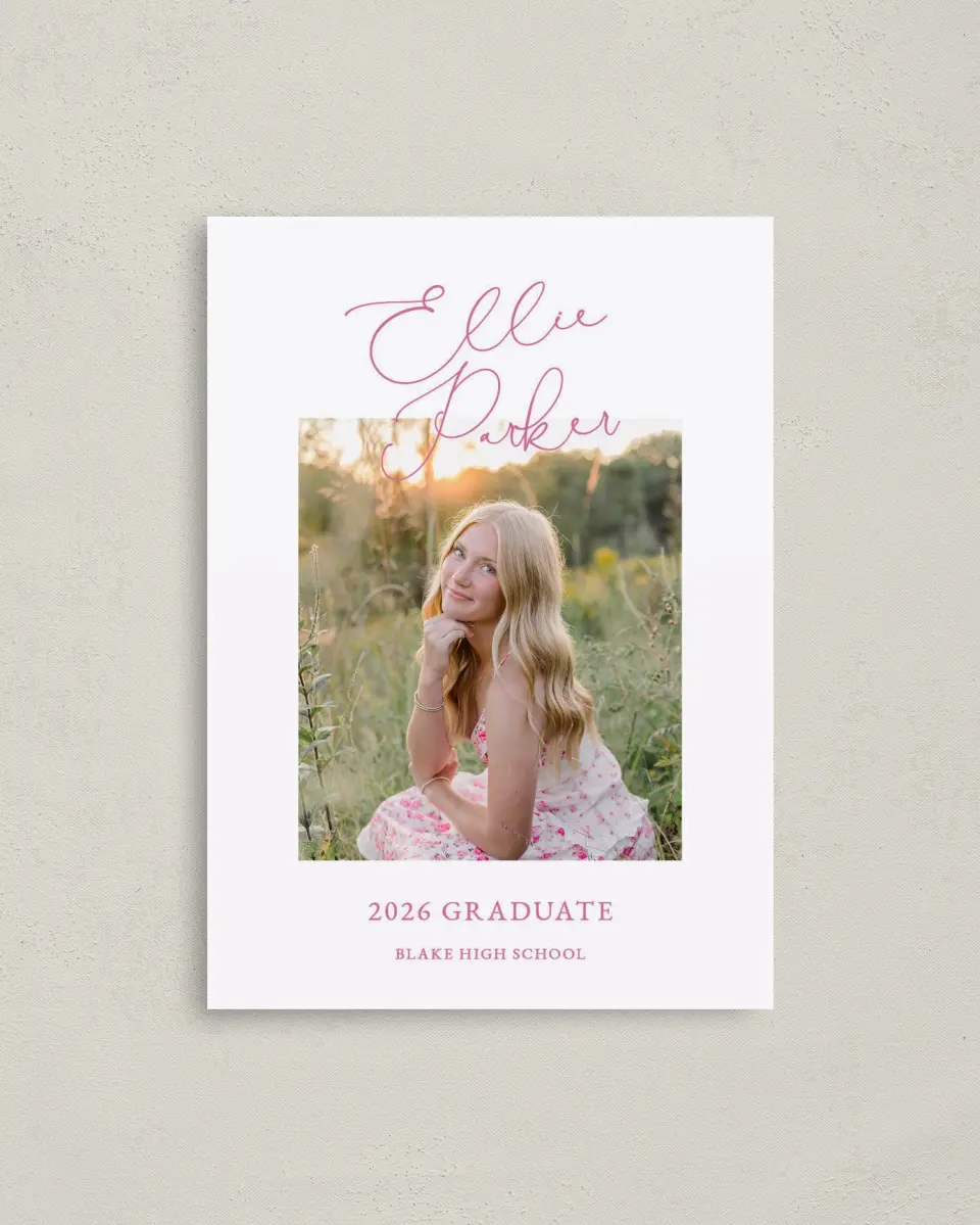 This is a 4" x 5.6" Graduation Announcement Postcard called Script Grad printed in full color on Soft Touch Finish paper