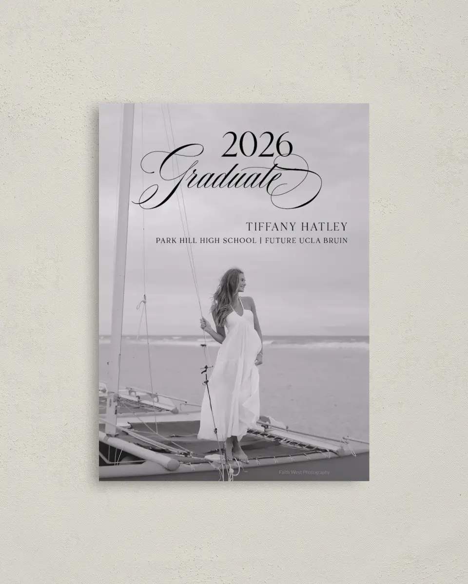 This is a 4" x 5.6" Graduation Announcement Postcard called Graduate Script printed in full color on Soft Touch Finish paper