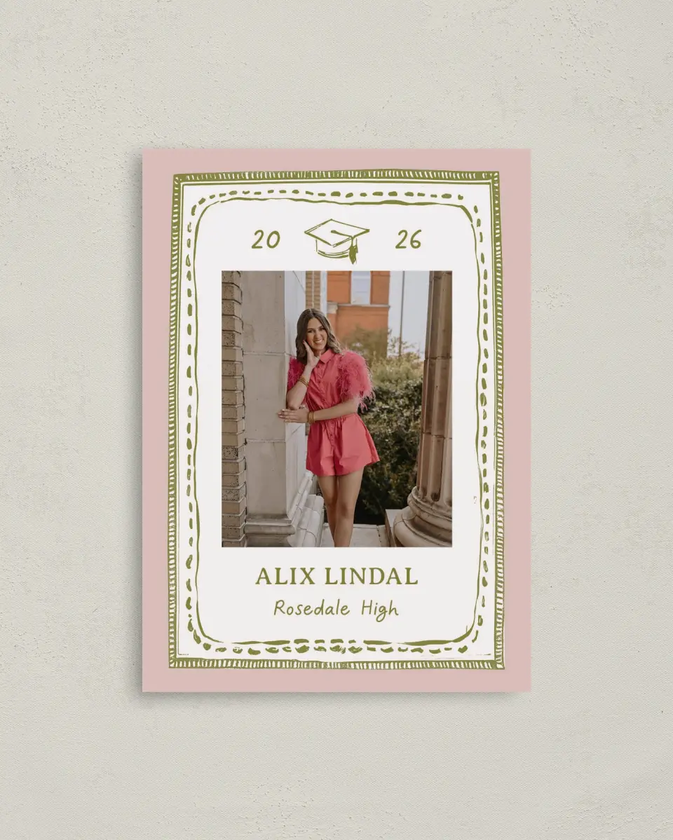 This is a 4" x 5.6" Graduation Announcement Postcard called Grad Frame Art printed in full color with Gold foil on Soft Touch Finish paper