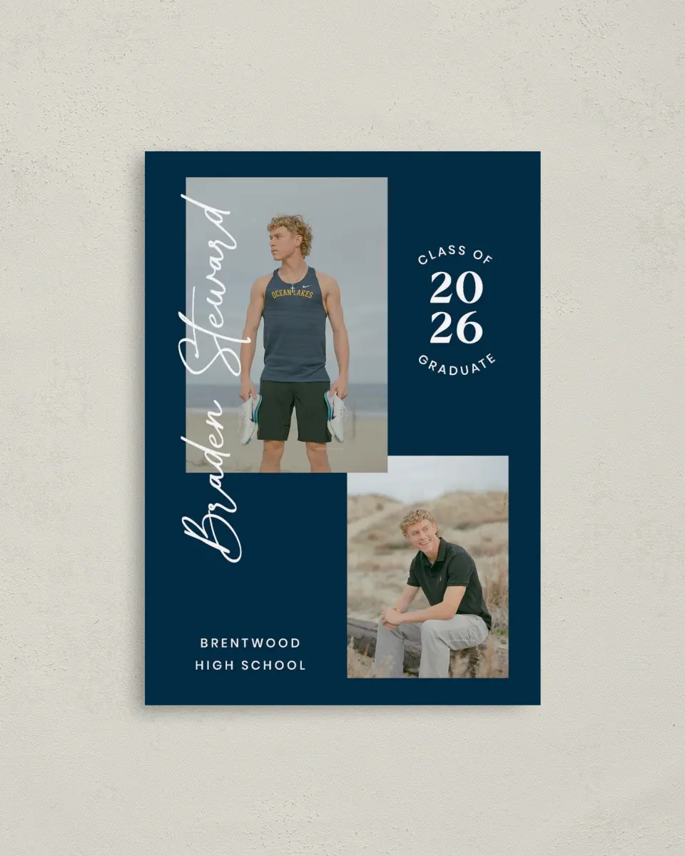 This is a 4" x 5.6" Graduation Announcement Postcard called Sporty Grad printed in full color on Soft Touch Finish paper