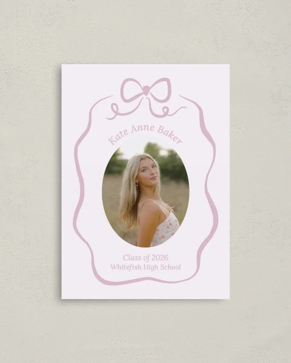 This is a 4" x 5.6" Graduation Announcement Postcard called Bow Grad printed in full color with Gold foil on Soft Touch Finish paper