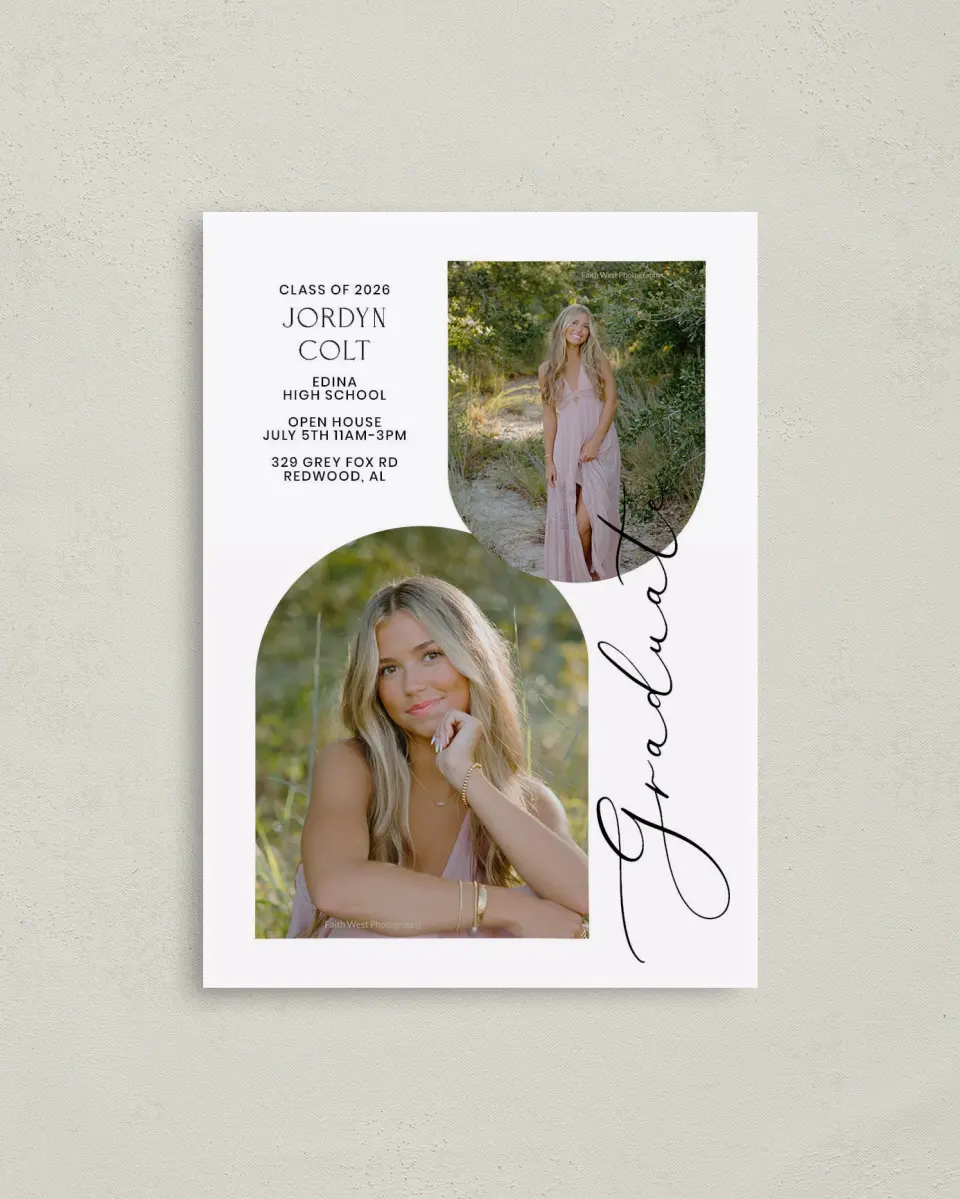This is a 4" x 5.6" Graduation Announcement Postcard called Refined Moment printed in full color on Soft Touch Finish paper