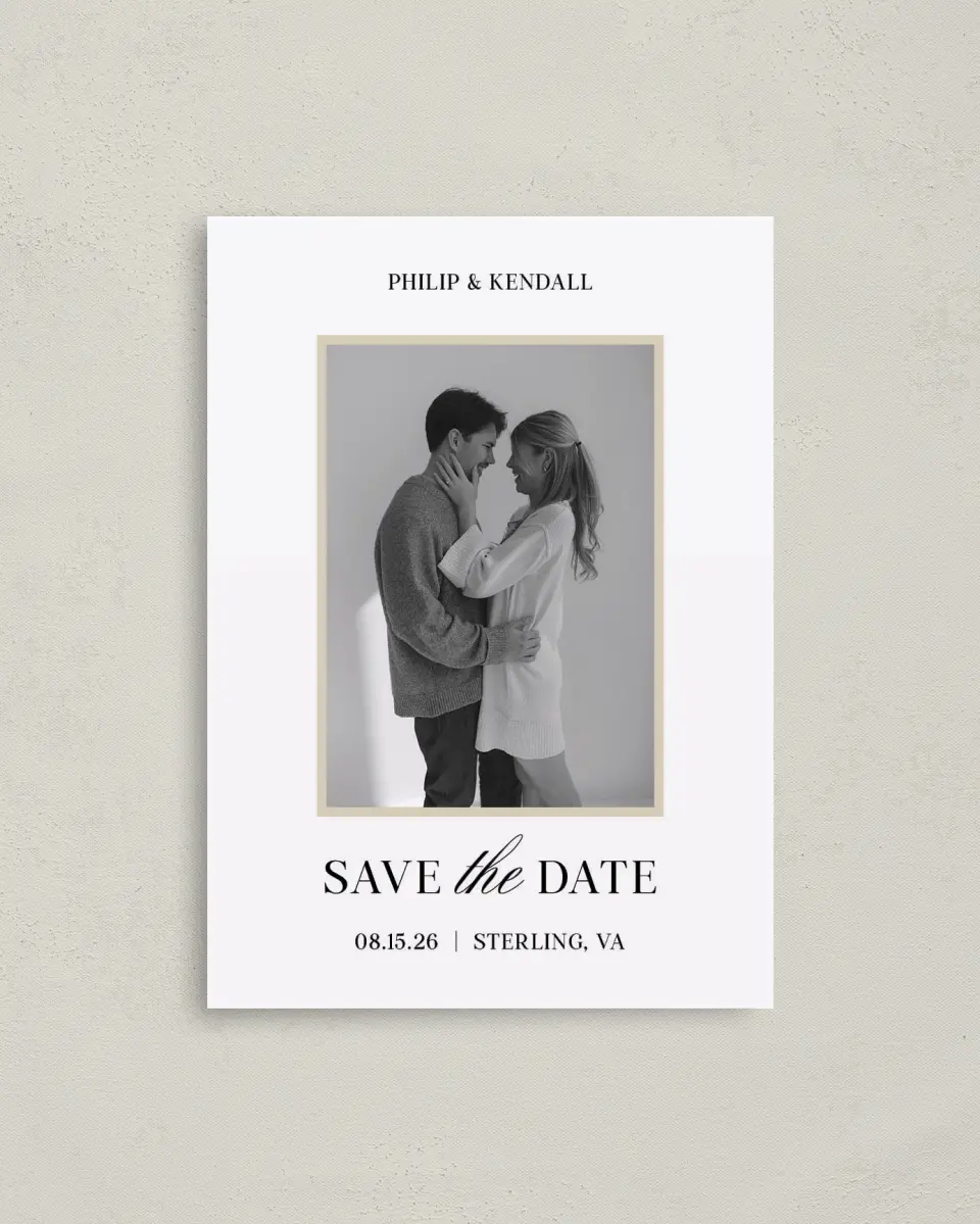 This is a 4" x 5.6" Save the Date Postcard called Forever Framed printed in full color with Gold foil on Soft Touch Finish paper