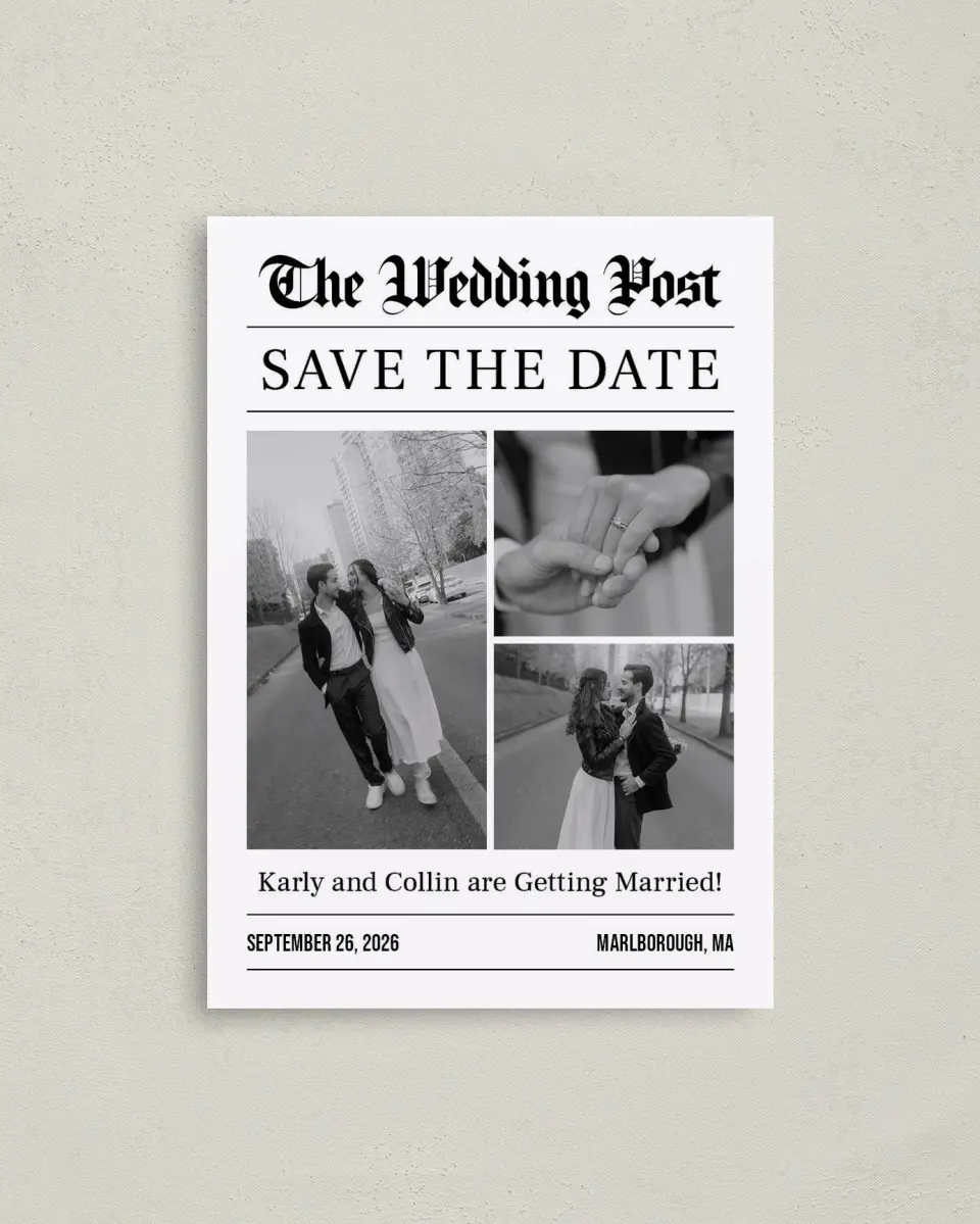 This is a 4" x 5.6" Save the Date Postcard called The Wedding Post printed in full color with Gold foil on Soft Touch Finish paper