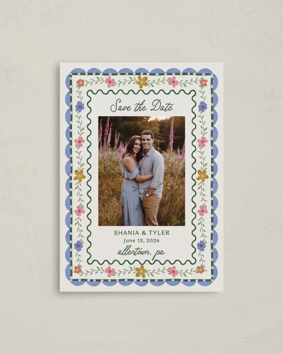 This is a 4" x 5.6" Save the Date Postcard called Cottage Keepsake printed in full color with Rose Gold foil on Soft Touch Finish paper
