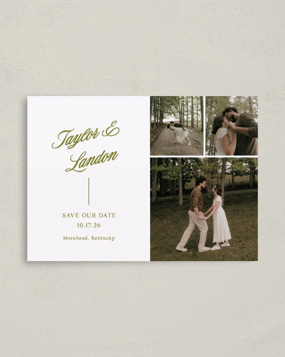 This is a 4" x 5.6" Save the Date Postcard called Always Yours printed in full color with Gold foil on Soft Touch Finish paper