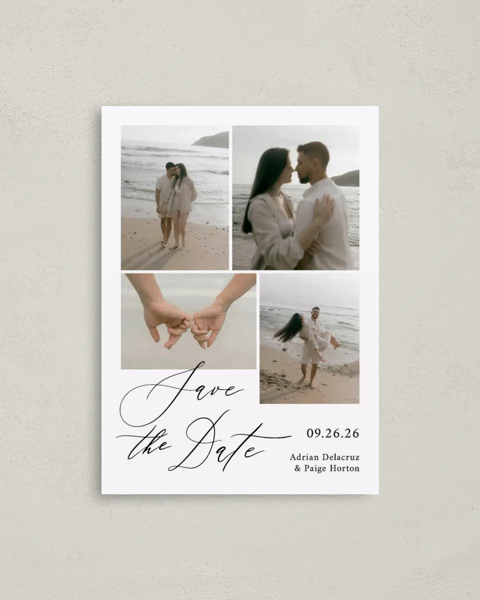 This is a 4" x 5.6" Save the Date Postcard called True Promise printed in full color with Gold foil on Soft Touch Finish paper