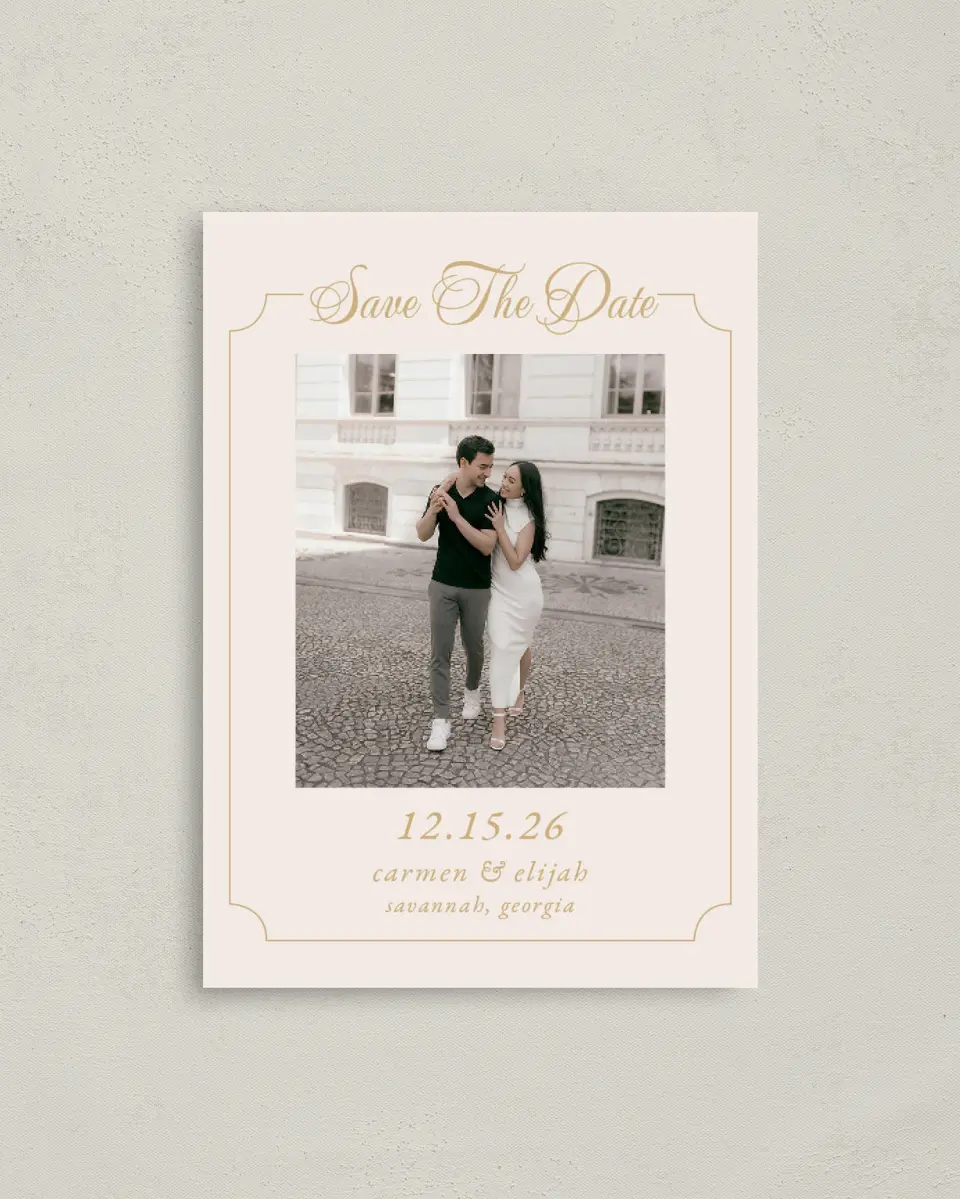 This is a 4" x 5.6" Save the Date Postcard called Lovely Frame printed in full color with Gold foil on Soft Touch Finish paper