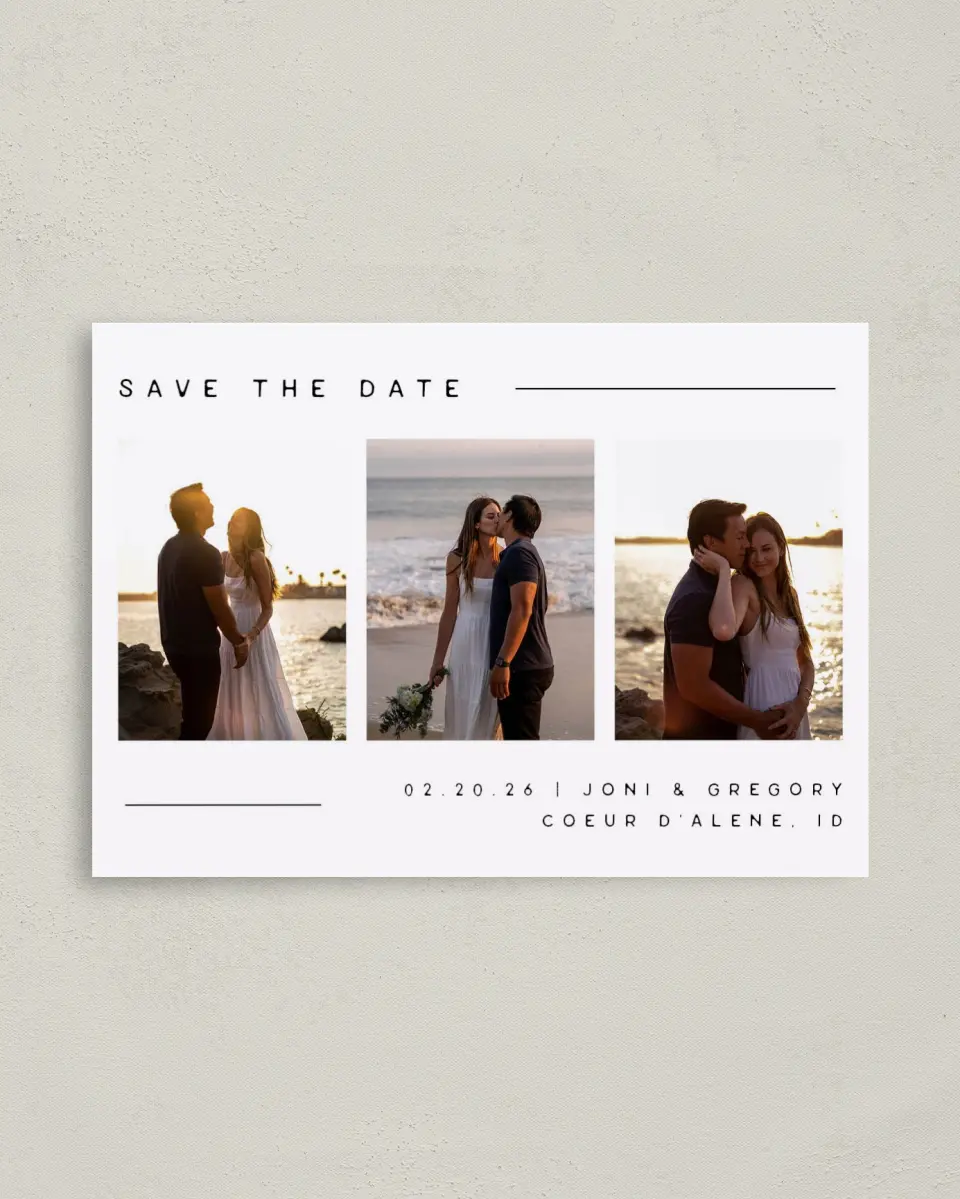 This is a 4" x 5.6" Save the Date Postcard called Mine Forever printed in full color with Gold foil on Soft Touch Finish paper