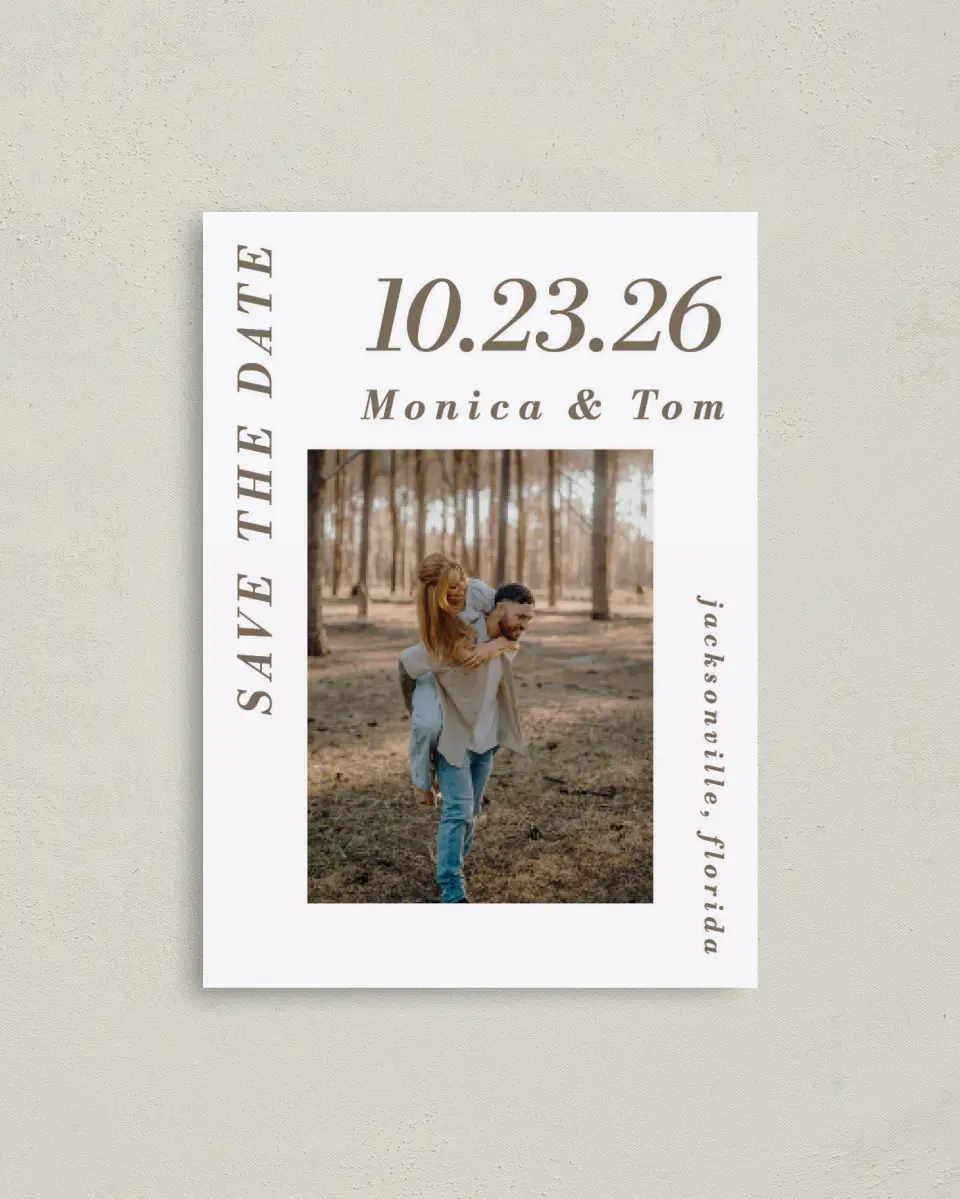 This is a 4" x 5.6" Save the Date Postcard called All I Need printed in full color with Gold foil on Soft Touch Finish paper