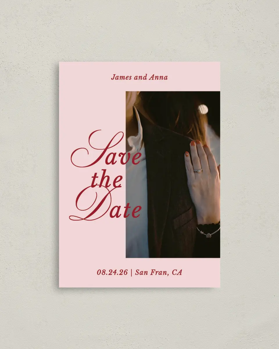 This is a 4" x 5.6" Save the Date Postcard called Purely Yours printed in full color with Gold foil on Soft Touch Finish paper