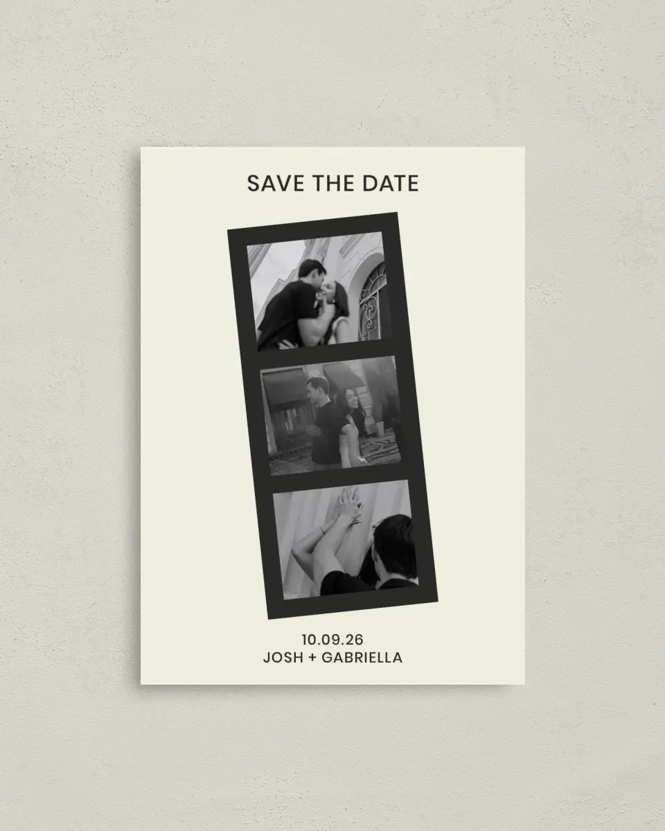 This is a 4" x 5.6" Save the Date Postcard called Love on Film printed in full color with Rose Gold foil on Soft Touch Finish paper