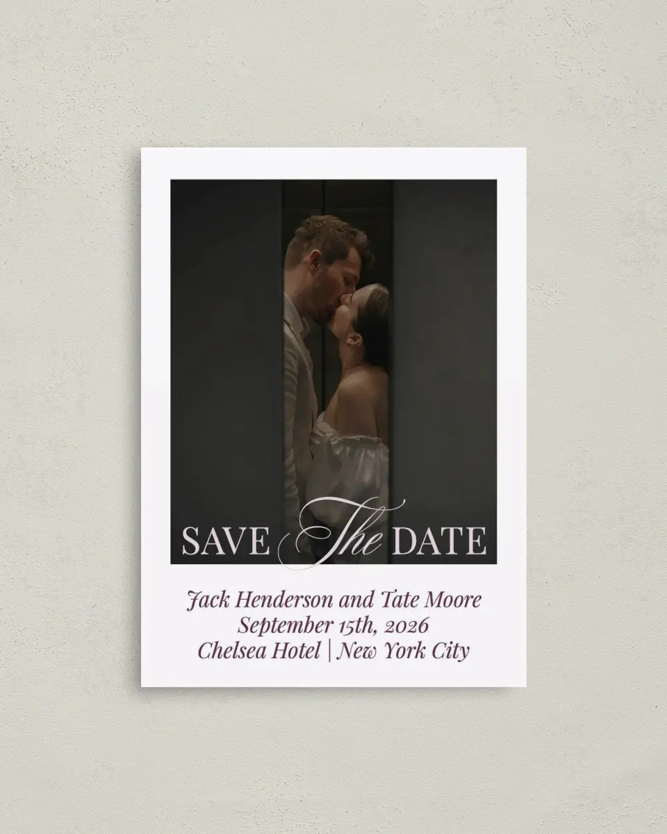 This is a 4" x 5.6" Save the Date Postcard called Elegance & Grace printed in full color with Gold foil on Soft Touch Finish paper
