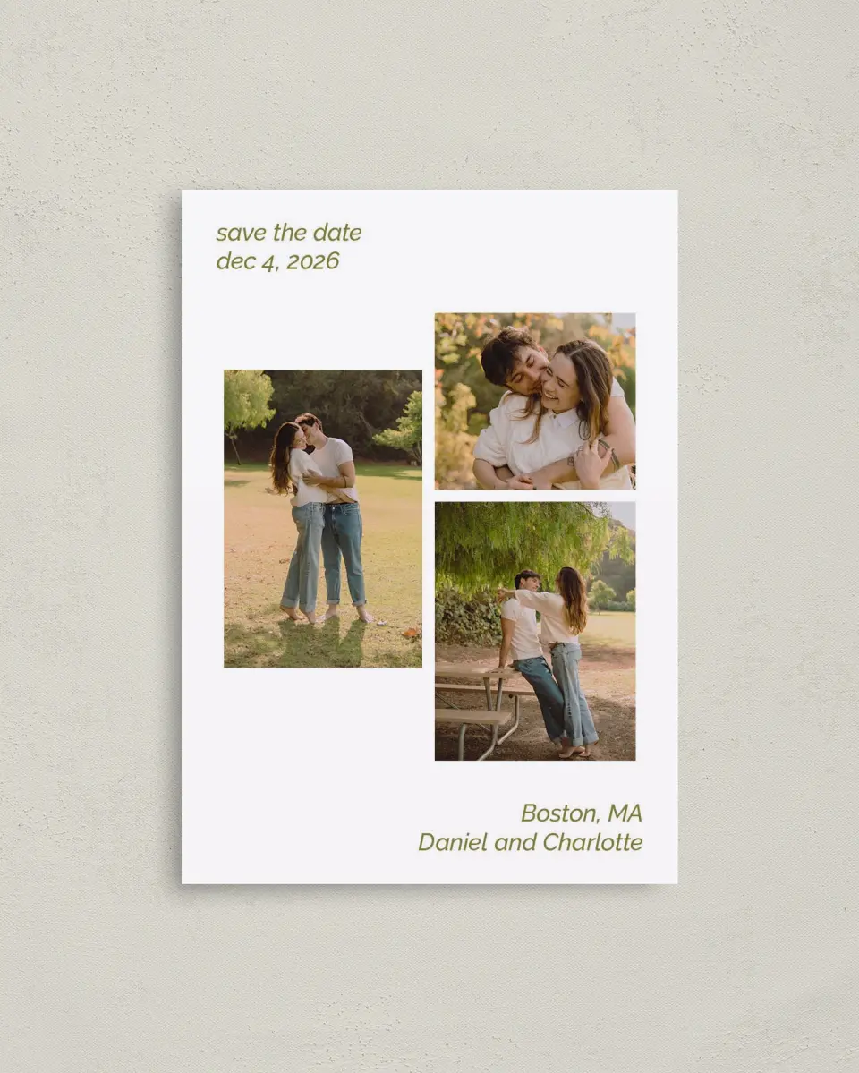 This is a 4" x 5.6" Save the Date Postcard called Simple Trio printed in full color with Gold foil on Soft Touch Finish paper